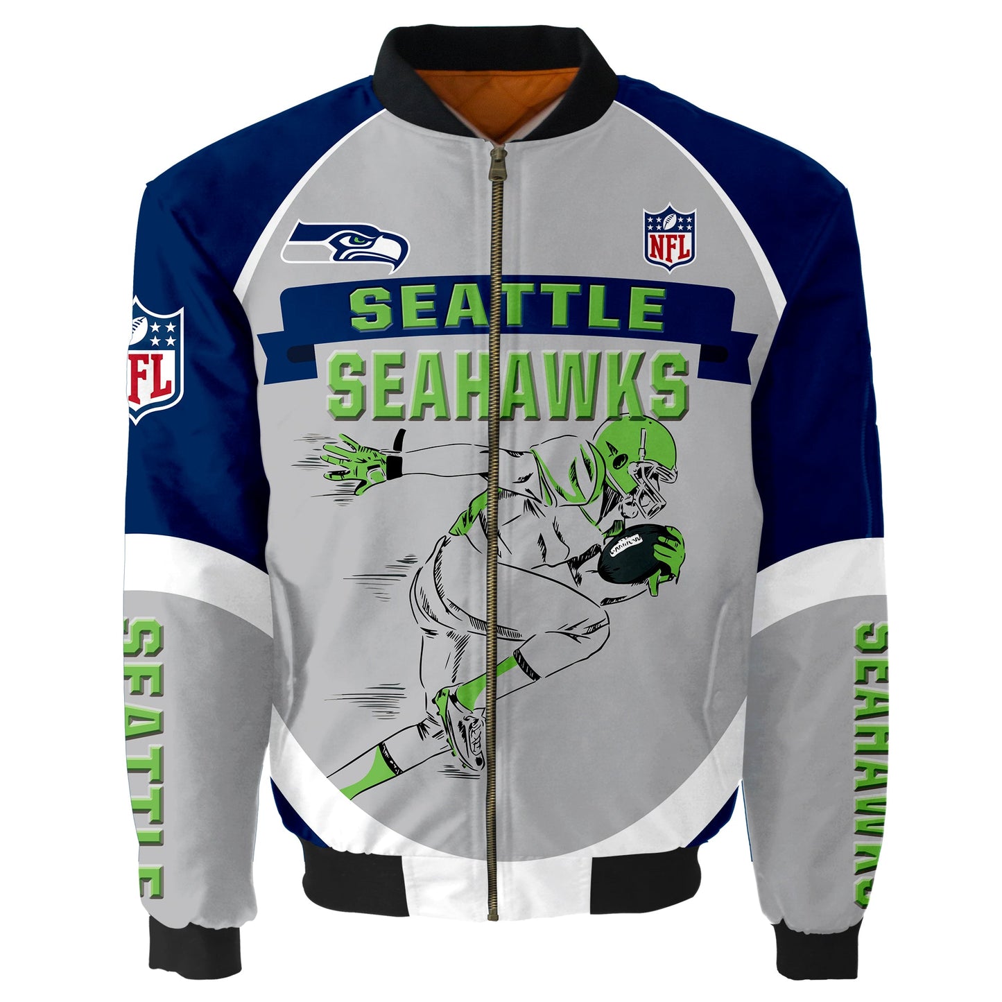 NFL Seattle Seahawks Bomber Jacket Graphic Football Player Running NH24